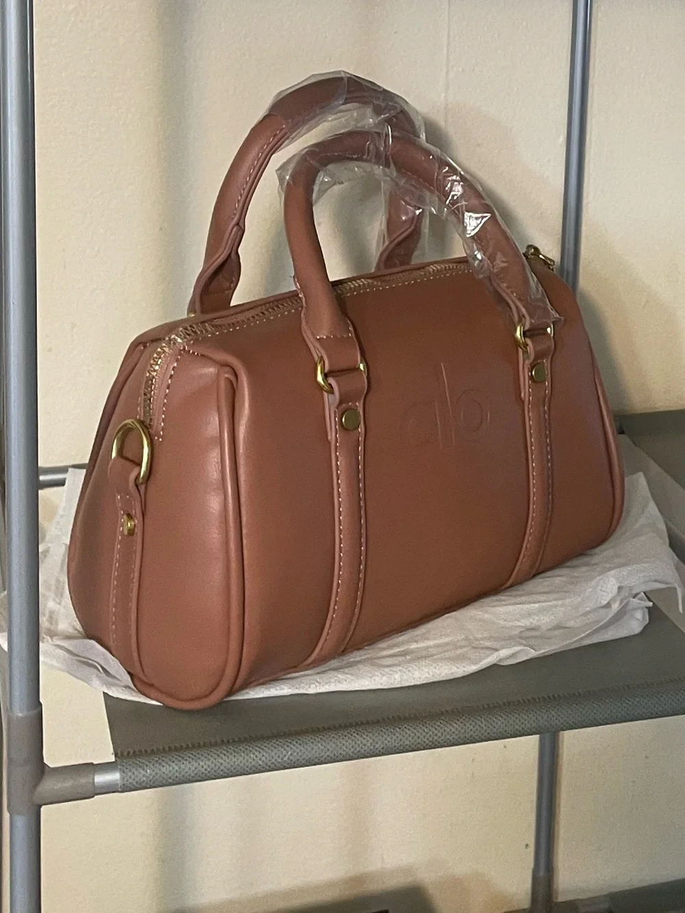 ALO Yoga Tan Barrel Satchel with Gold Hardware
